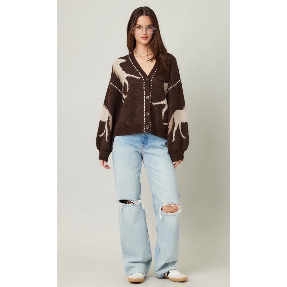 Illa Illa Womens Brown Horse Intarsia Knit Cardigan Sweater Whipstitch S/M - Picture 1 of 7
